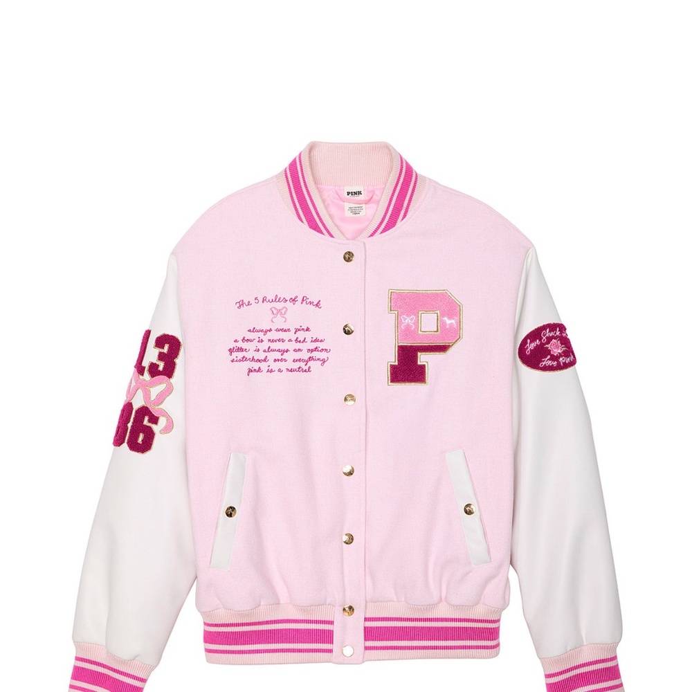 LoveShackFancy Pink and White Varsity Jacket
